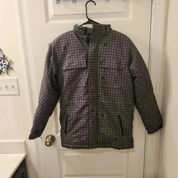Unisex L 12/14 Cherokee Puffer Outerwear Jacket Hooded Blue Grey Plaid #I252 - Picture 1 of 3